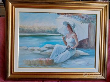 Dipinto olio su tela "La ragazza sul lago"