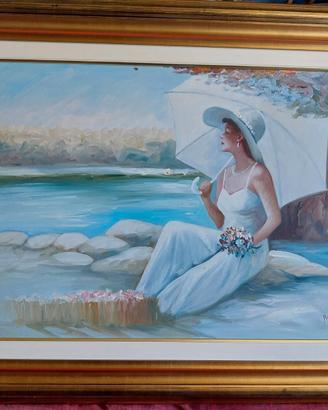 Dipinto olio su tela "La ragazza sul lago"