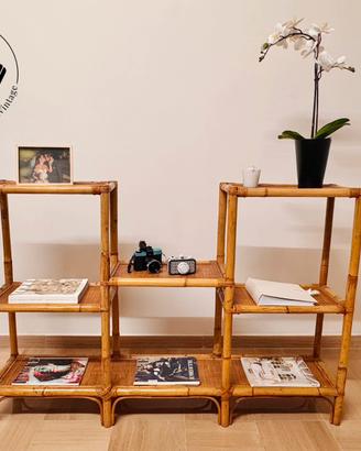 Libreria vintage in vimini bambù rattan anni ’70