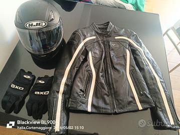 set moto donna casco giubbino in pelle e guanti 