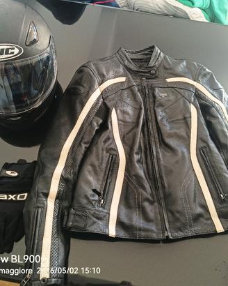 set moto donna casco giubbino in pelle e guanti 