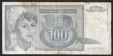Jugoslavia - banconota circolata da 100 Dinari