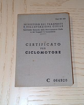 libretto certificato per ciclomotore vintage 
