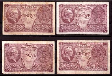 ITALIA 23/11/1944 - 4 Banconote 5 Lire Atena #YEU