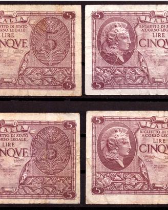 ITALIA 23/11/1944 - 4 Banconote 5 Lire Atena #YEU