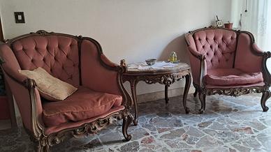 Salotto antico in velluto rosa | Divano e poltrone