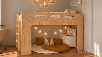 Letto a soppalco SMARTWOOD + libreria in legno