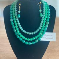 Collana 3 fili Giada verde chius ottone +orecchini