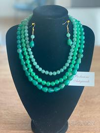 Collana 3 fili Giada verde chius ottone +orecchini