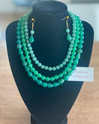 Collana 3 fili Giada verde chius ottone +orecchini