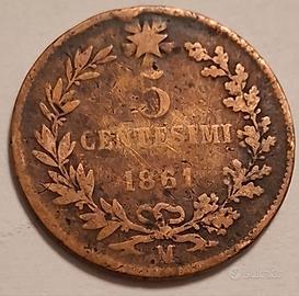 Moneta 5 centesimi anno 1861 Vittorio Emanuele II