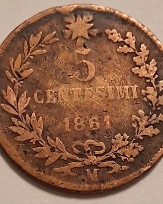 Moneta 5 centesimi anno 1861 Vittorio Emanuele II
