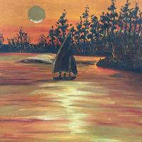 Tela barca su tramonto