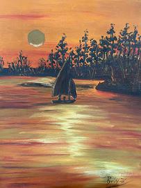 Tela barca su tramonto