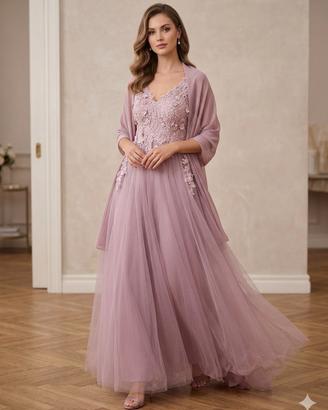  Abito da Cerimonia Lilla in Tulle e Pizzo 