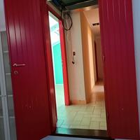 porta in legno massiccio rossa e altre porte verdi