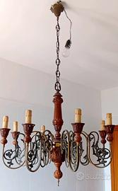 Lampadario legno ottone 8 luci vintage 