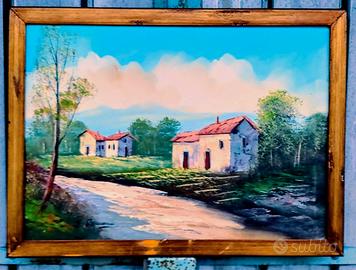 Quadro con case in campagna dipinto a olio su tela