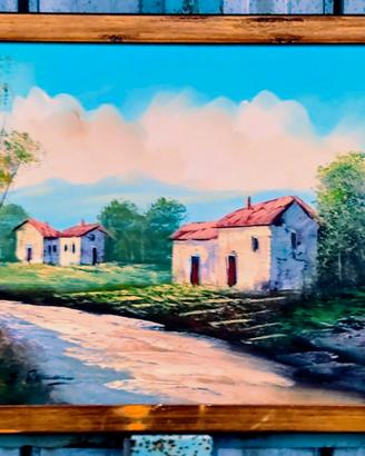 Quadro con case in campagna dipinto a olio su tela