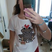 T-shirt bianca con rana colorata e brillantini 