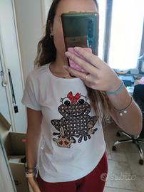 T-shirt bianca con rana colorata e brillantini 
