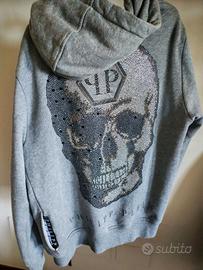 Felpa Philipp Plein grigia con cappuccio e teschio