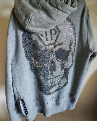 Felpa Philipp Plein grigia con cappuccio e teschio