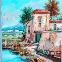 Quadro con paesaggio e fiume dipinto a olio Tela.