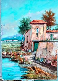 Quadro con paesaggio e fiume dipinto a olio Tela.