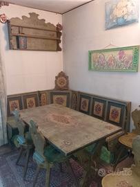 Set vintage di tavolo con panca angolare, 4 sedie