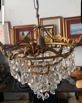 Lampadario in ottone e cristalli a goccia anni 50