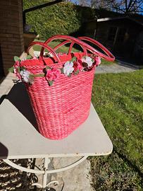 Borsa a cesta in paglia intrecciata rosa