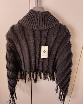 Poncho in lapin su lana con frange nuovo