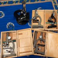 Microscopi vintage con scatole in legno