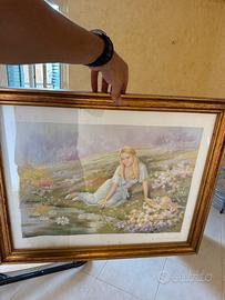 Quadro vintage ragazza tra i fiori in legno dorato