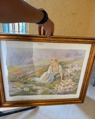 Quadro vintage ragazza tra i fiori in legno dorato