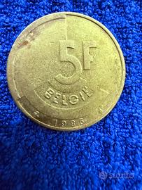 Moneta da 5 Franchi del Belgio del 1986