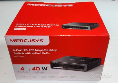 Switch 6 porte 10/100 Mbps con 4 porte PoE+ 40W.