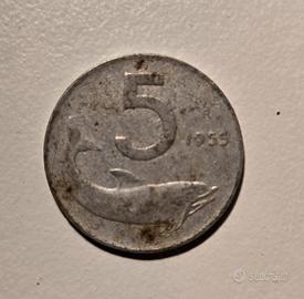 moneta da collezione 5 lire delfino anno 1955