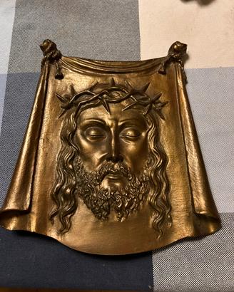 Targa in bronzo bassorilievo, volto di gesù cristo
