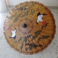 Ombrello Cinese legno e carta con uccelli e piante