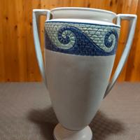 Vaso alto bianco con decoro onda blu e manici