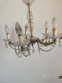 Lampadario vintage in vetro e cristalli a 5 luci