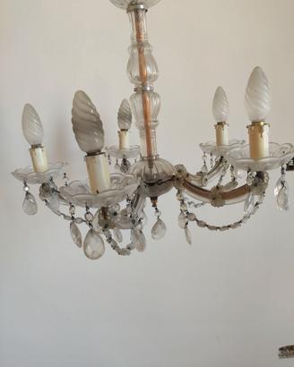 Lampadario vintage in vetro e cristalli a 5 luci