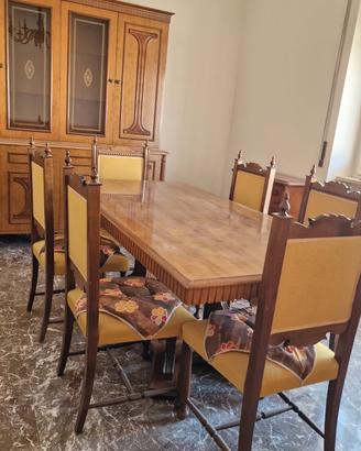 Sala completa 9 pz in legno e tessuto ocra/oro