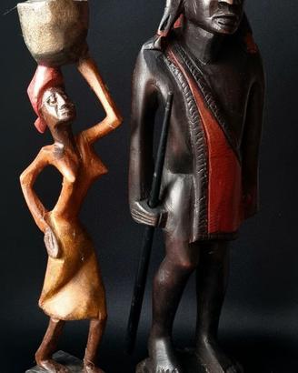 Statuette 2 vintage etniche in legno dall'Africa