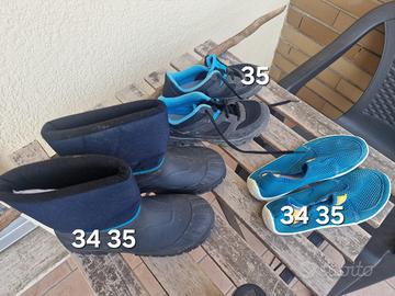 scarpe da trekking, lago e stivaletti neve