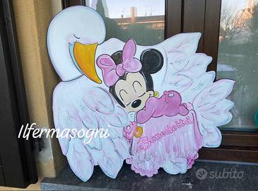 cicogna in legno per fiocco nascita