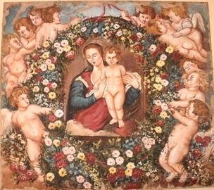 Vero Affresco madonna, ricco di cherubini e fiori