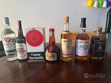 7 bottiglie in blocco ( whisky, liquori, cognac)
